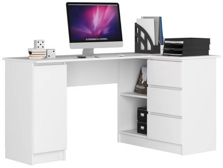 Grand bureau d'angle AKORD droit B20 Blanc 155 cm 1 porte 3 tiroirs façade Blanche 4 étagères 155x85x77 cm