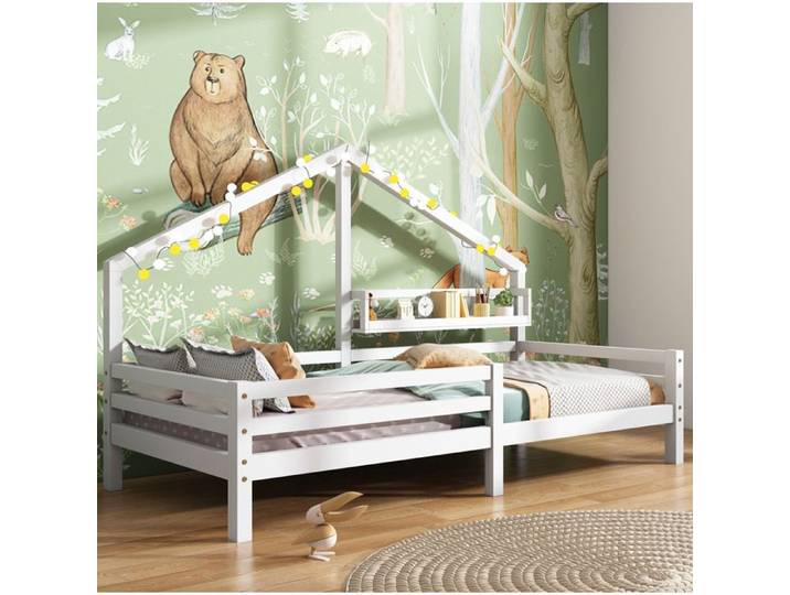 HOMVRA Lit enfant cabane 90x200 cm avec étagère arrière barrières de sécurité pin blanc