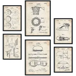 POSTER Set Mit 6 Plakaten Mit Basketball Patenten Im Vintage Stil A3 & A4 Schwarzer Rahmen