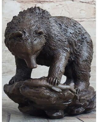 Bronzhaus Original Burly Black Bear With His Fish Dinner Bronze Sculpture Statue Figurine