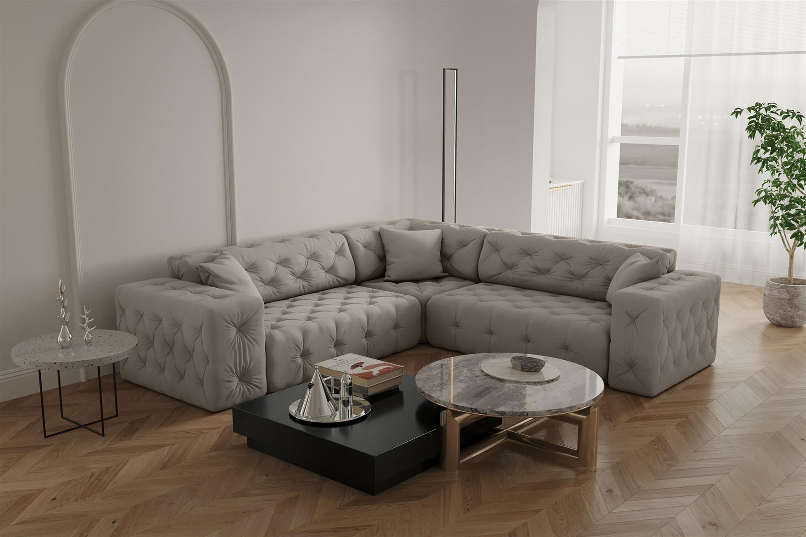 Eckbank Designersofa CHANTAL met Opera Velvet bekleding in crème