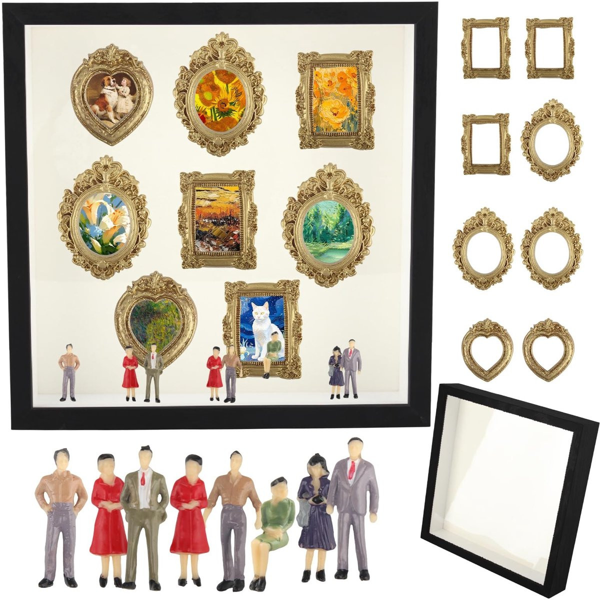 Omgoods Mini Museum Creatieve Fotolijst DIY Set met Miniatuurfiguren en Gouden Lijsten - 24 x 24 cm