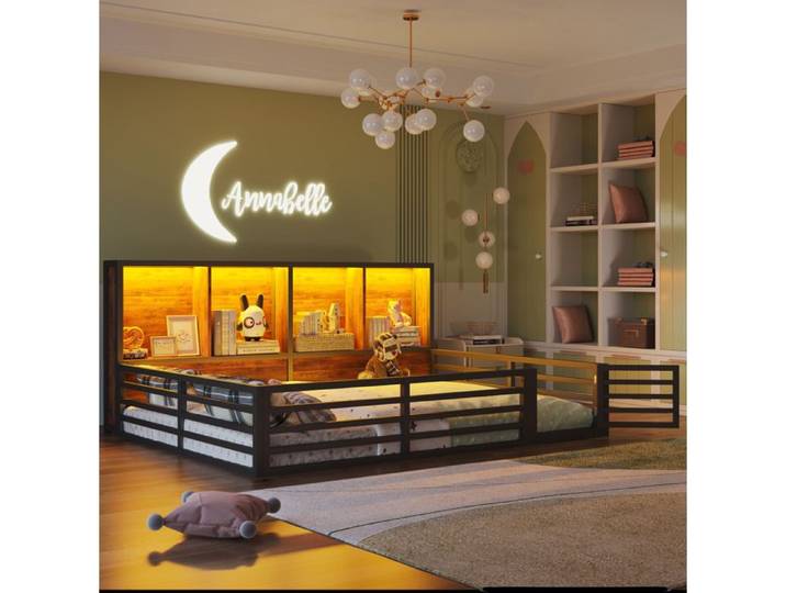 COVREO lit plateforme 140x200 cm avec barrières ouvrables rangements latéraux LED métal noir