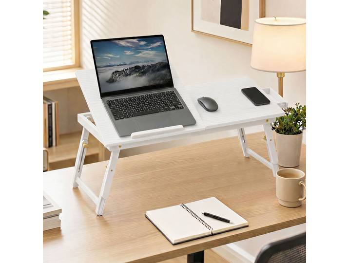 HOMCOM Table de Lit Bambou Pliable Réglable 83,5x33x34cm Blanc
