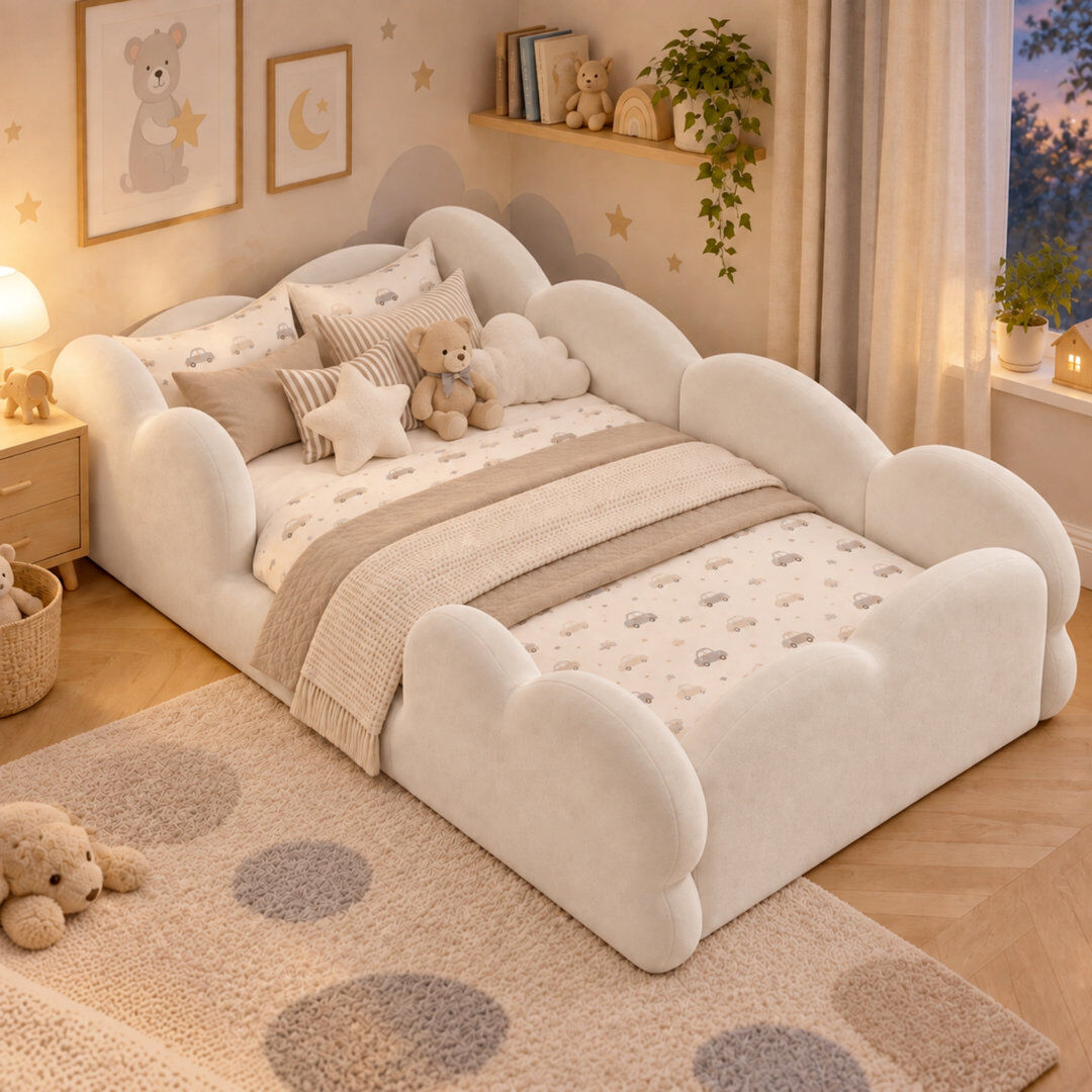 Happy Larry 3ft Upholstered Bed Cloud-Shaped with surrounding guardrails Velvet White 54cm H X 100cm W X 208cm L