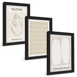 BILDER SET 3er Set - 20x30 cm Schwarzer Rahmen - Linien, Formen, Beige, Weiß