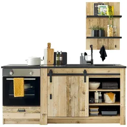 KÜCHEN-SET Used Wood hell, anthrazit 196 cm, Küchenschrank Set 3-teilig mit Schiebetür