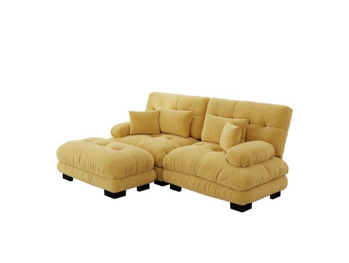 Modfu Ecksofa aus Chenille in Gelb mit Ottomane & Kissen, 145x81x220 cm, Wohnzimmer, Sofas & Couches, Wohnlandschaften, Wohnlandschaften in U-Form