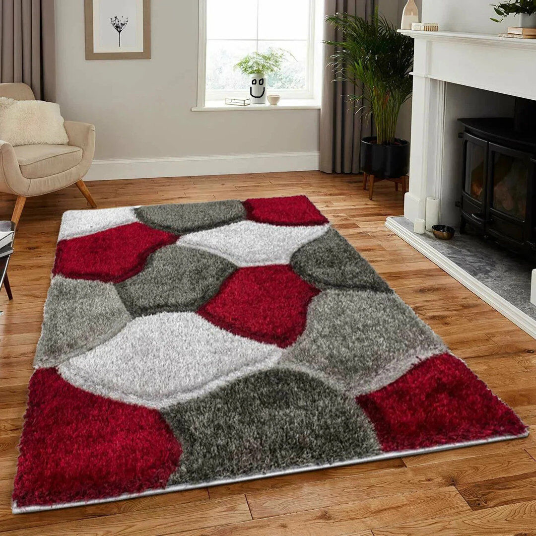 17 Stories Rectangle Geometric and Vintage Look Shag Red Grey Rectangle 200 x 290 cm