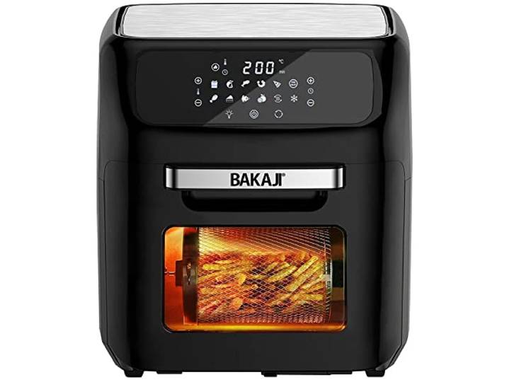 Bakaji Heißluftfritteuse, Kühlschrank, Trockengrill, ohne Öl, Airfryer Fassungsvermögen: 12 l, LED-Touch-Display 12 Programme, Timer-Einstellung, Temperaturregelung, Leistung 1800 W (schwarz)