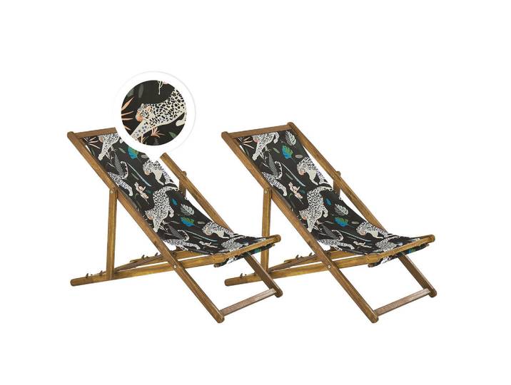 Beliani Gartenliege 2er-Set hellbraun Textil weiß/schwarz Gepardenmotiv Anzio, Hellbraun, Schwarz, 54x70x97 cm, Gartenmöbel, Gartenliegen