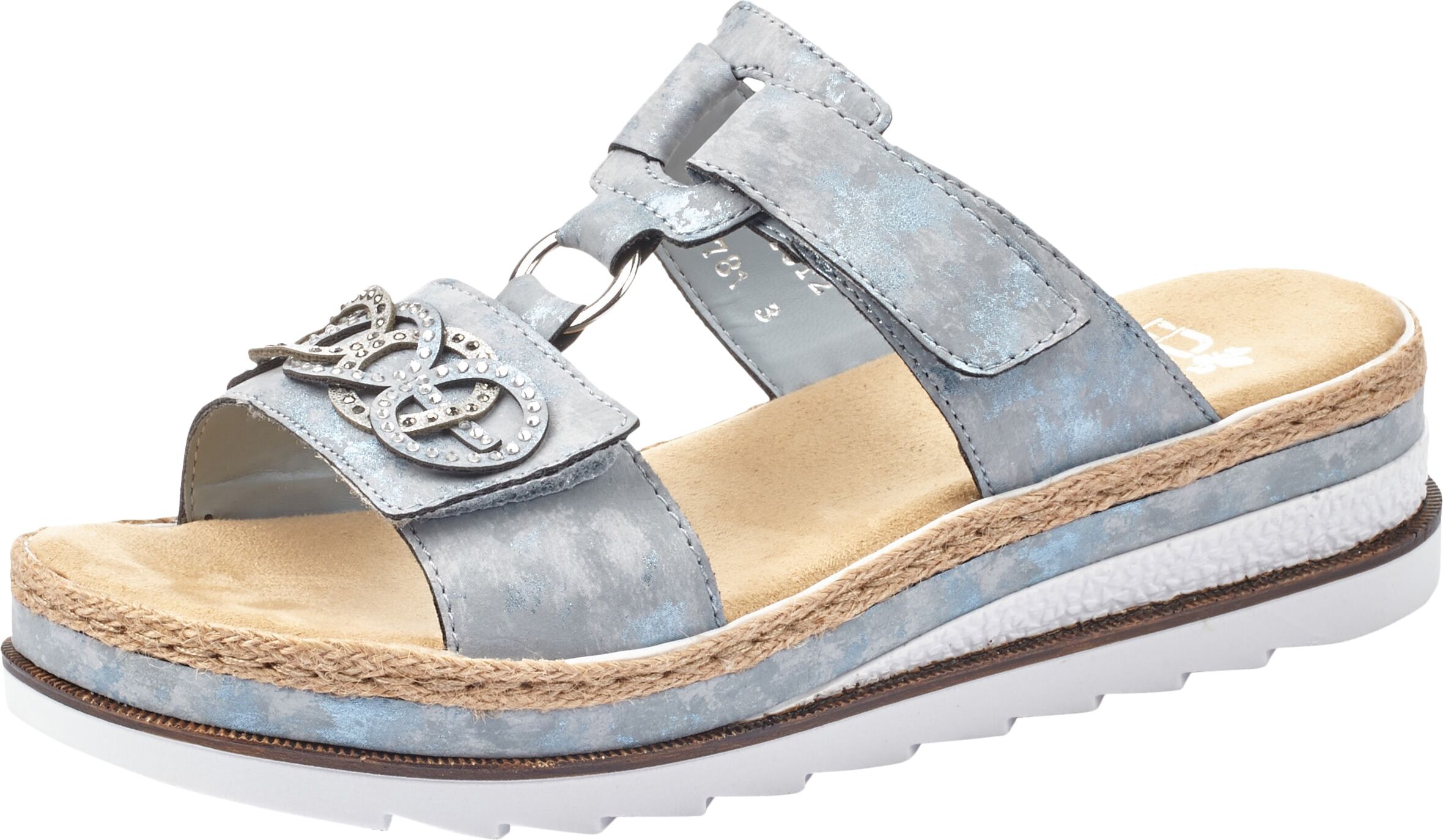 Pantolette RIEKER, Damen, Gr. 39, Synthetik, blau (hellblau), Lederimitat, Schuhe Pantolette, Plateau, Sommerschuh, Schlappen mit Strass-Stein-Verzierung