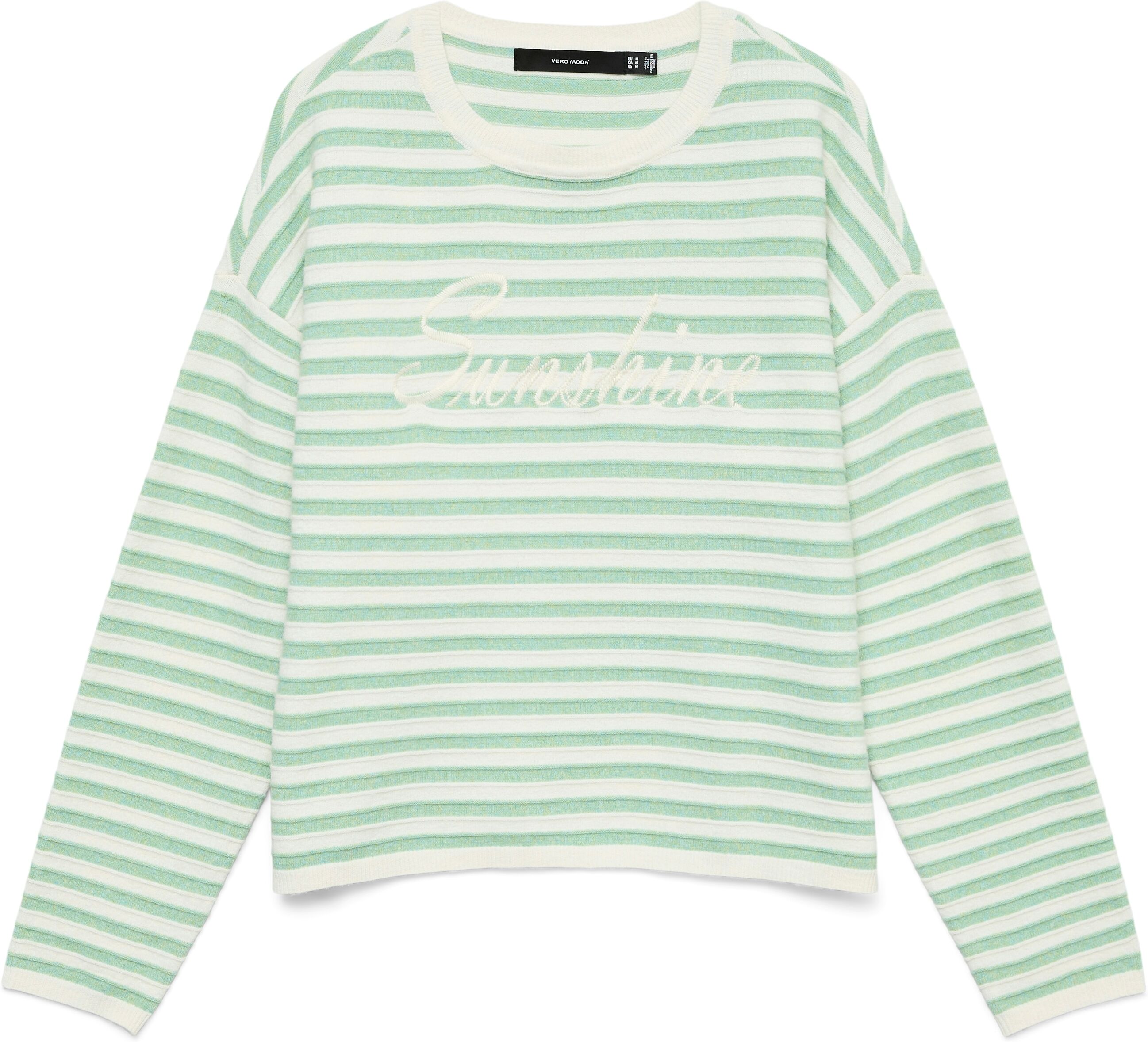 Strickpullover VERO MODA "VMAPPLE LS O-NECK PULLOVER BOO", Damen, Gr. XS, grün (birch stripes:with bosphorus), Strick, Obermaterial: 80% Polyester, 20% Nylon, gestreift, regular fit, Rundhals, Pullover Strickpullover, mit trendigem "Sunshine" Schriftzug b