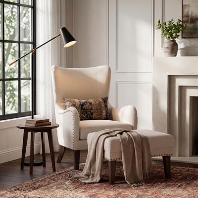 Christopher Knight Home - Accent Chair and Ottoman Set Upholstered Linen with Solid Ash Wood Legs and Hand-Applied Nailhead Trim