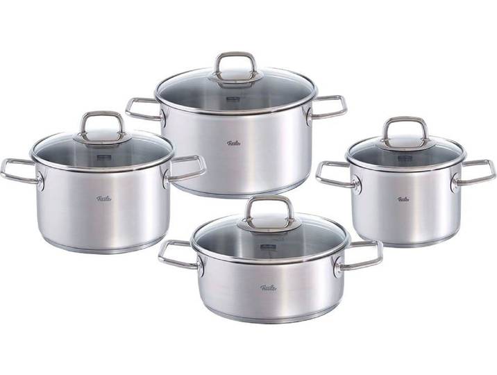 Fissler Topf-Set Viseo Topf-Set, Edelstahl 18/10 (Set, 8-tlg., 1x Bratentopf 20 cm, je 1x Kochtopf 16/20/24 cm), Induktionsgeeignet, Mess-Skala, Made in Germany