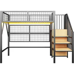 MODFU Hochbett Metall/MDF Schwarz 255x95x170 cm, Liegefläche 90x200 cm, LED-App-Steuerung, Treppe mit Stauraum