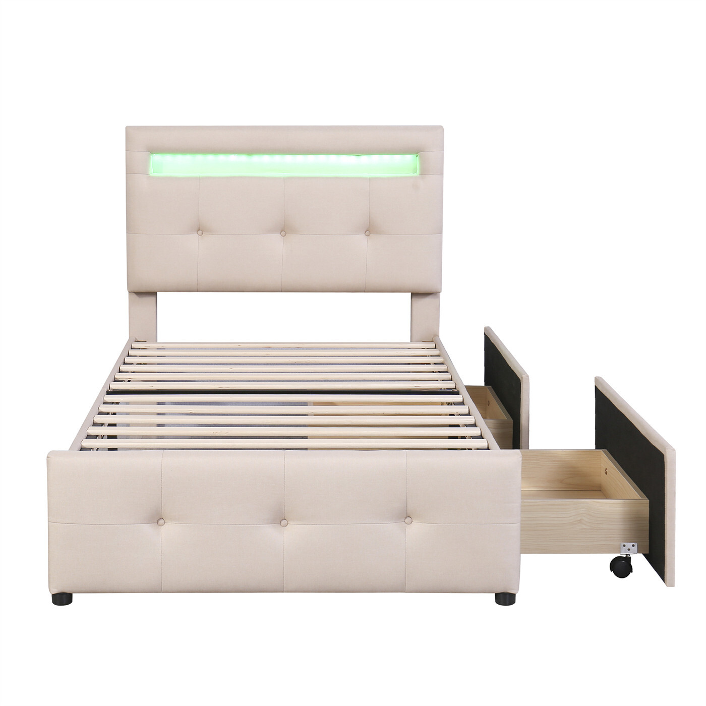 Polsterbett Einzelbett Kinderbett,Gästebett mit LED-Leuchten,2 Schubladen,hautfreundlicher Leinenpolsterung flach Jugendbett