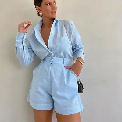 Lush Living Finds Breezy Button Up Womens Set With Long Sleeve Shirt & Short lightblue xl