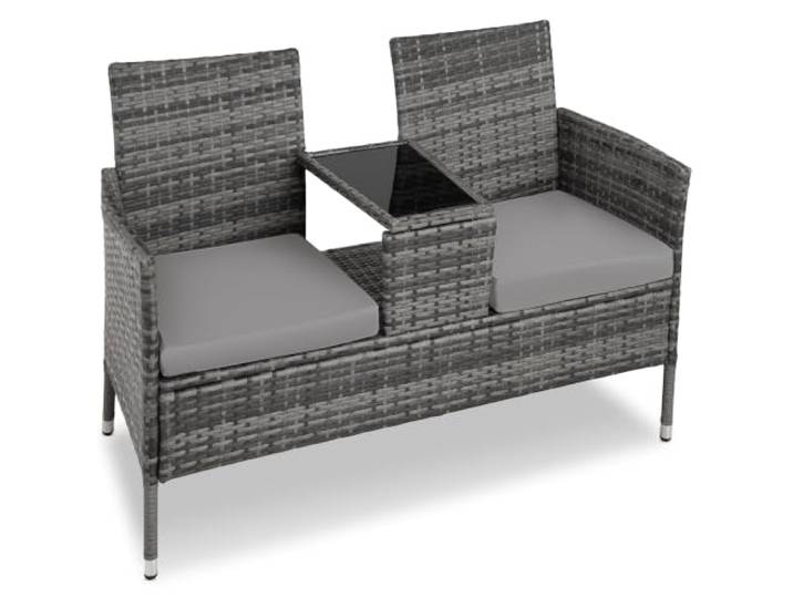 tectake® Outdoor Sitzbank mit integriertem Tisch, Gartenbank Lounge Sitzgruppe für 2, für Wintergarten, Balkon, Rattan Gartenmöbel - grau/hellgrau