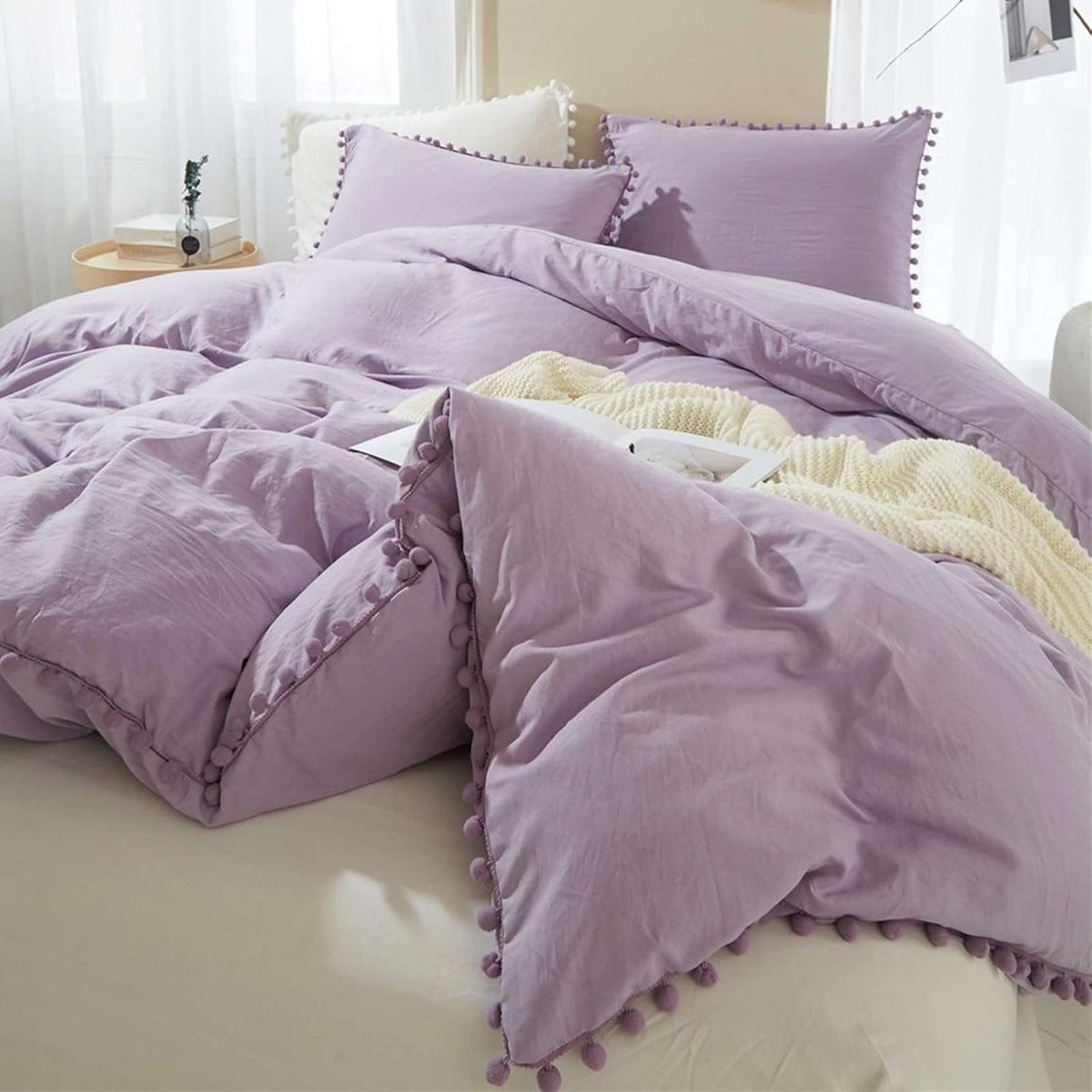 Lila Dekbedovertrek Twin Size met Pompons - 2 Delige Boho Stijl Microvezel Beddengoed Set