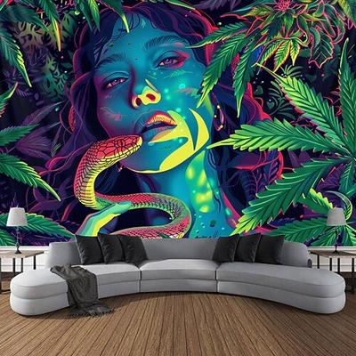 Schwarzlicht Wandteppich UV reaktiv im Dunkeln leuchtend Party Neon Frau Marihuana psychedelisch trippig neblig hängender Wandteppich Wandbild fürs Wohnen