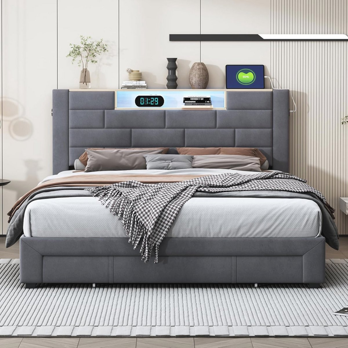 Gestoffeerd bedframe met LED-verlichting, USB-oplaadfunctie en lades, 140x200 cm