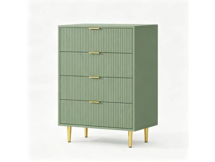 Koioplie Kommode 4 Schubladen Wellenfront Goldgriffe Avocadogrün Kippschutz Goldfarbene Griffe, Metallfüße, geschwungene Front, sichere Wandbefestigung, Schlafzimmer