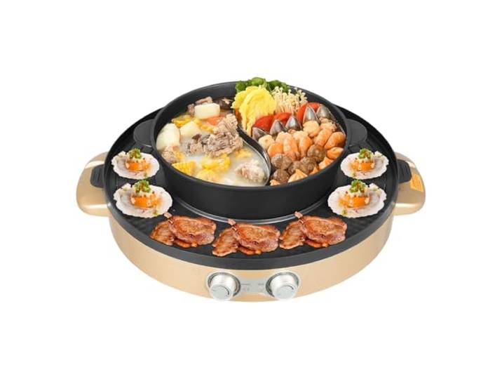 DunleyMin 2 in 1 Hot Pot Elektrisch Hotpot Topf 2200W 220V Multifunktion Elektrischer Hotpot Korean BBQ Grill Geteilte Pfanne für Simmer, Kochen, Braten (Gold)