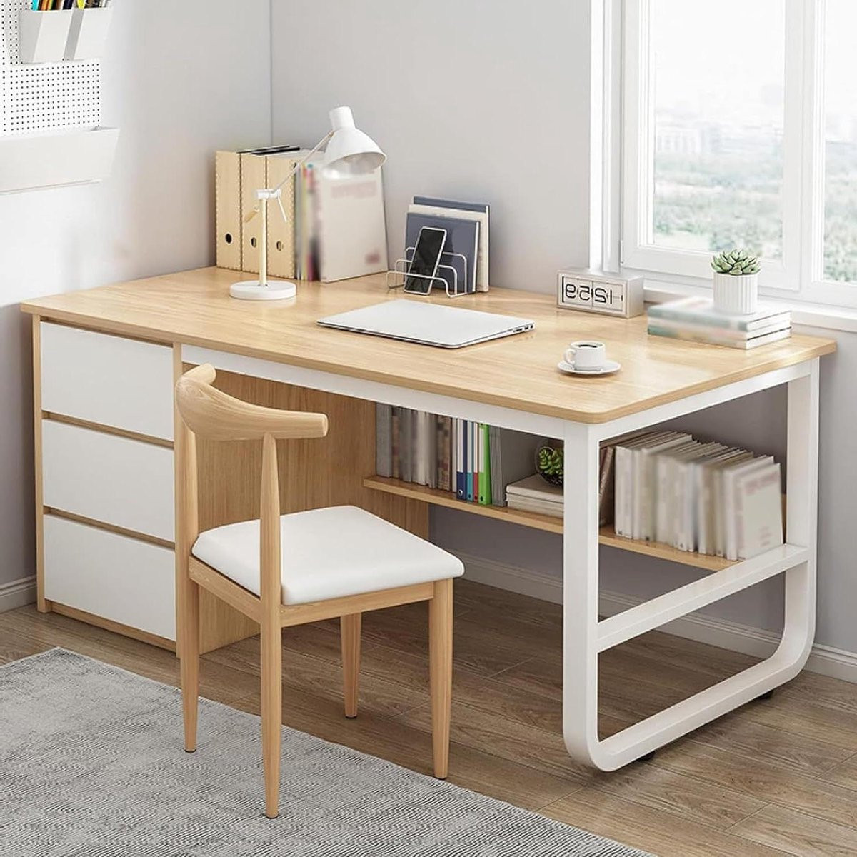 Merkloos Hoekbureau van hout met laden en planken, 100 cm