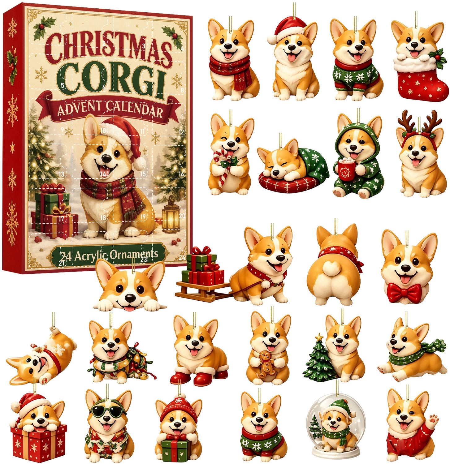 Kerst Corgi Adventskalender 2026 met 24 stuks 2D platte acryl hangornamenten voor kerstboomversiering