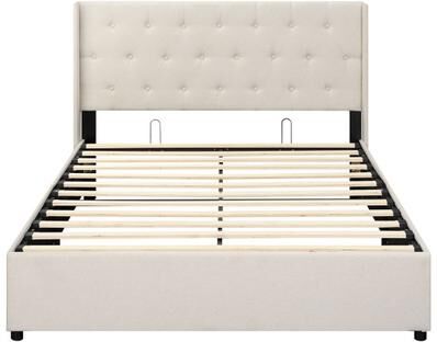 Costway Queen Size Lift-up Storage Bed Modern Linen Upholstered Platform Bed-Beige