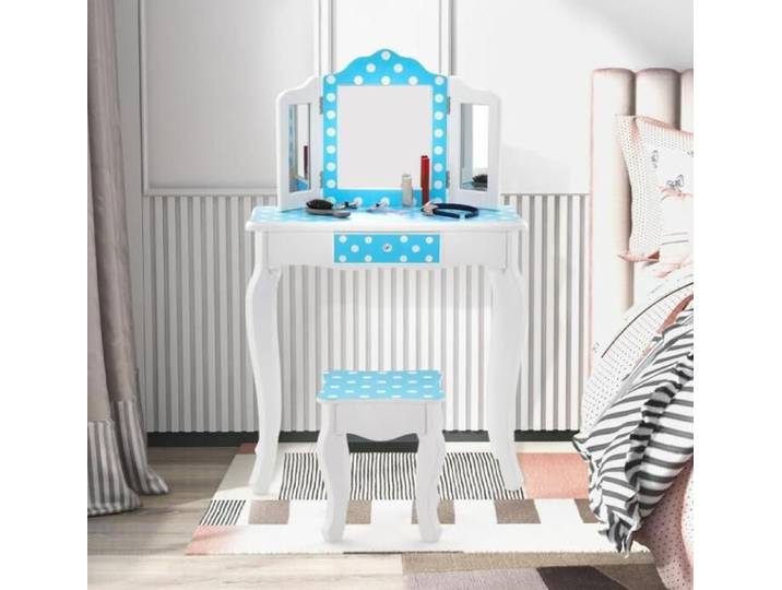 Coiffeuse Enfant avec Tabouret - DREAMADE - 2 en 1 - Miroir Détachable à 3 Volets - Dispositif Anti-Basculement - Bleu