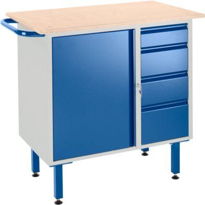 Werkbank mit Schrank, 4 Schubladen und Stellfüßen