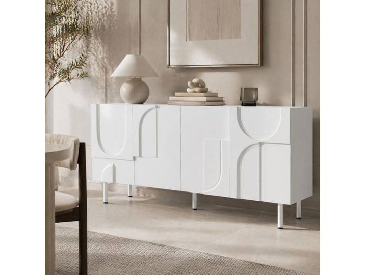 WUVRIE Buffet bas 160 cm blanc 4 portes design geometrique MDF et panneaux de particules