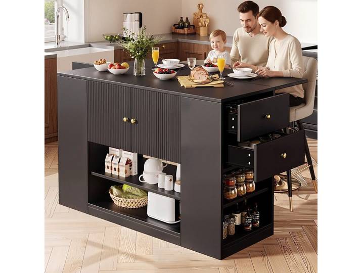 kowdom Kücheninsel Kücheninsel 140cm klappbar mit Schubladen & Regal Sideboard Schwarz, (Einzelgerät), klappbar, platzsparend, multifunktional, Stauraum, Schwarz