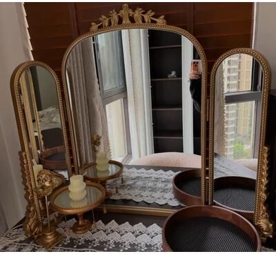 Uplift Picks French Retro Trifold Vanity Mirror Carved European Desktop Dressing Mirror 60 80 Cm