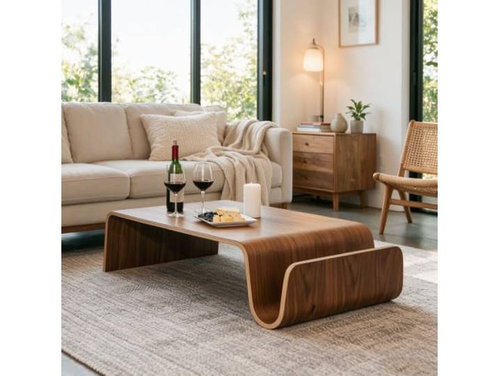 Künstlerischer Luxus-Couchtisch aus handgefertigtem gebogenem Edelholz Exklusiver Couchtisch aus Biegeholz, massive Esche & Nussbaum, sofort nutzbar ohne Montage(Walnut)