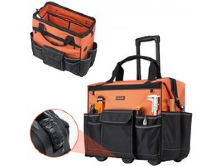 VEVOR Werkzeugtasche mit Rollen, 50 kg Tragkraft, 27 Taschen, Arbeitsrucksack mit verstellbarer Teleskopgriff & stabiler Standfuß, Werkzeugtaschen-Organizer für Bau, Mechanik, 510x310x450 mm