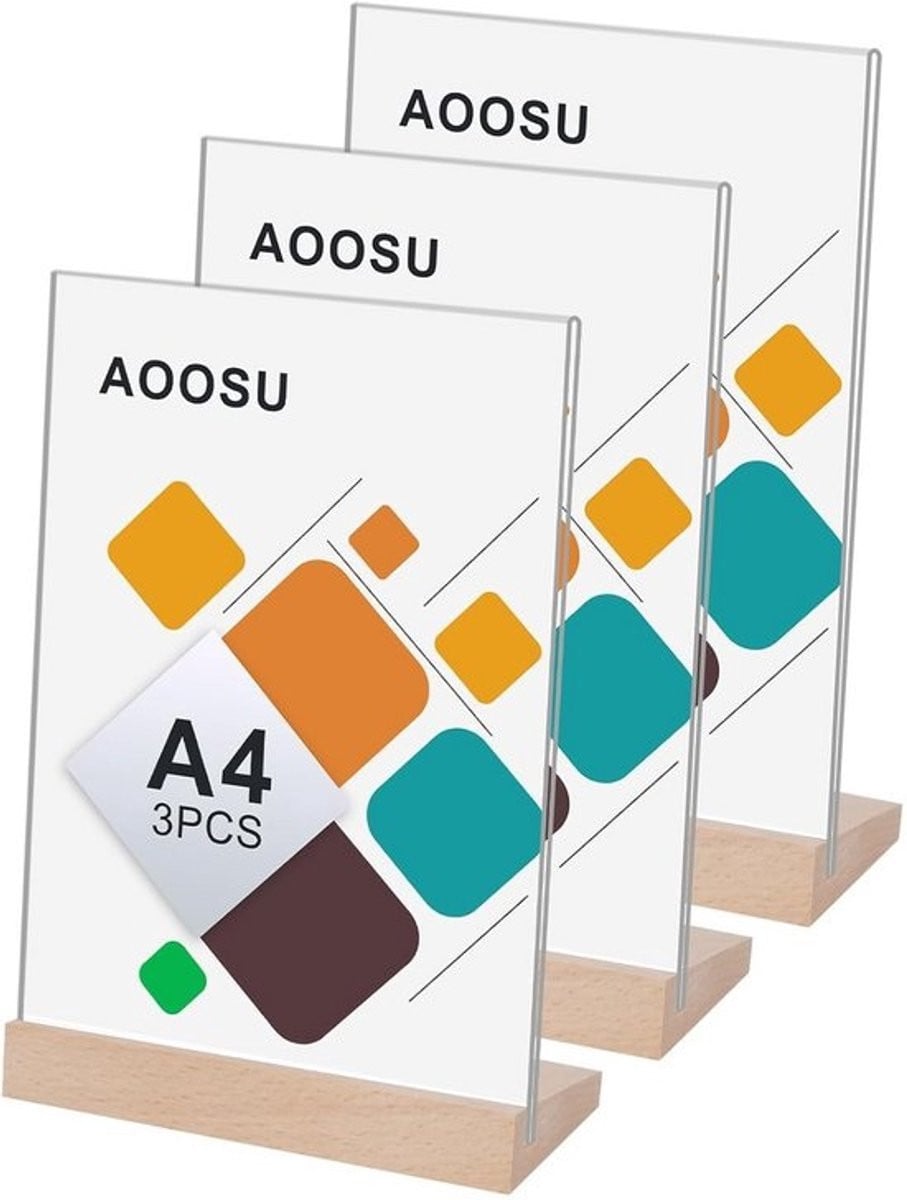 3x A4 Acryl Displaystandaards met Houten Voet voor Menu's en Aankondigingen