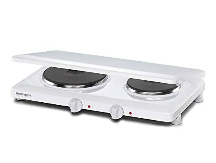 Rommelsbacher Doppelkochplatte Made in Germany, 2 Gussheizplatten 145 mm/180 mm, praktische Abdeckung, stufenlos regelbar, Überhitzungsschutz, 2500 Watt Weiß Feueremailliert