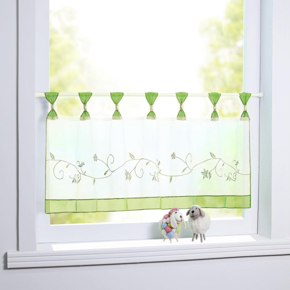 Voile Bistro Gordijn met Bloemen Borduurwerk - Groen - 60 x 120 cm