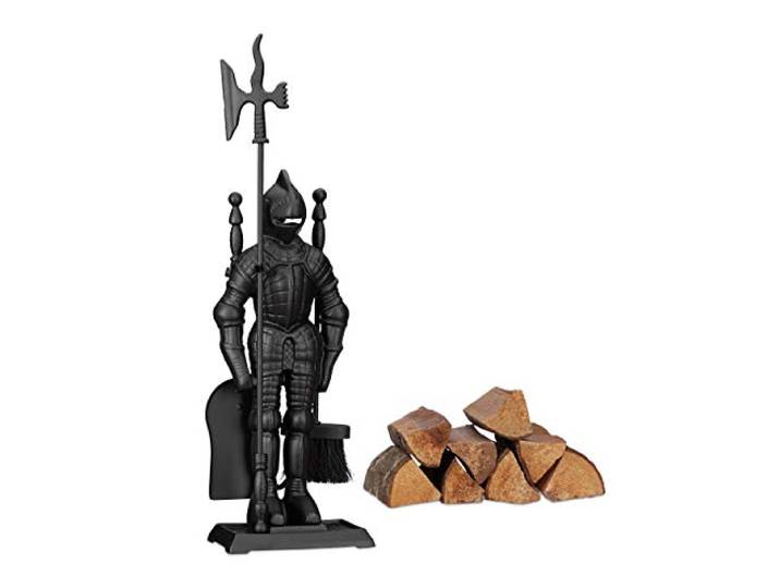 Relaxdays Ensemble serviteur de cheminée 4 pièces Accessoire Chevalier Fonte Pelle Balai tisonnier\, argenté