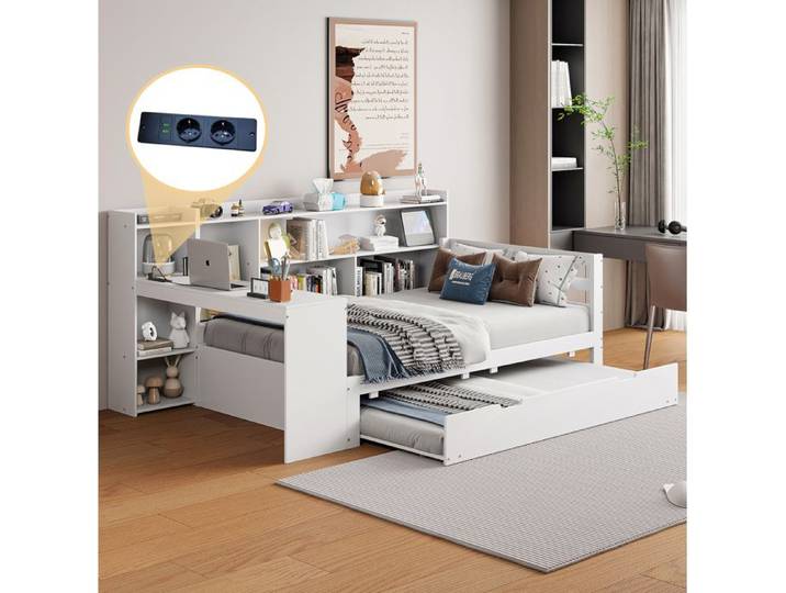 Lit multifonction en bois blanc avec lit gigogne bureau étagères et prise USB