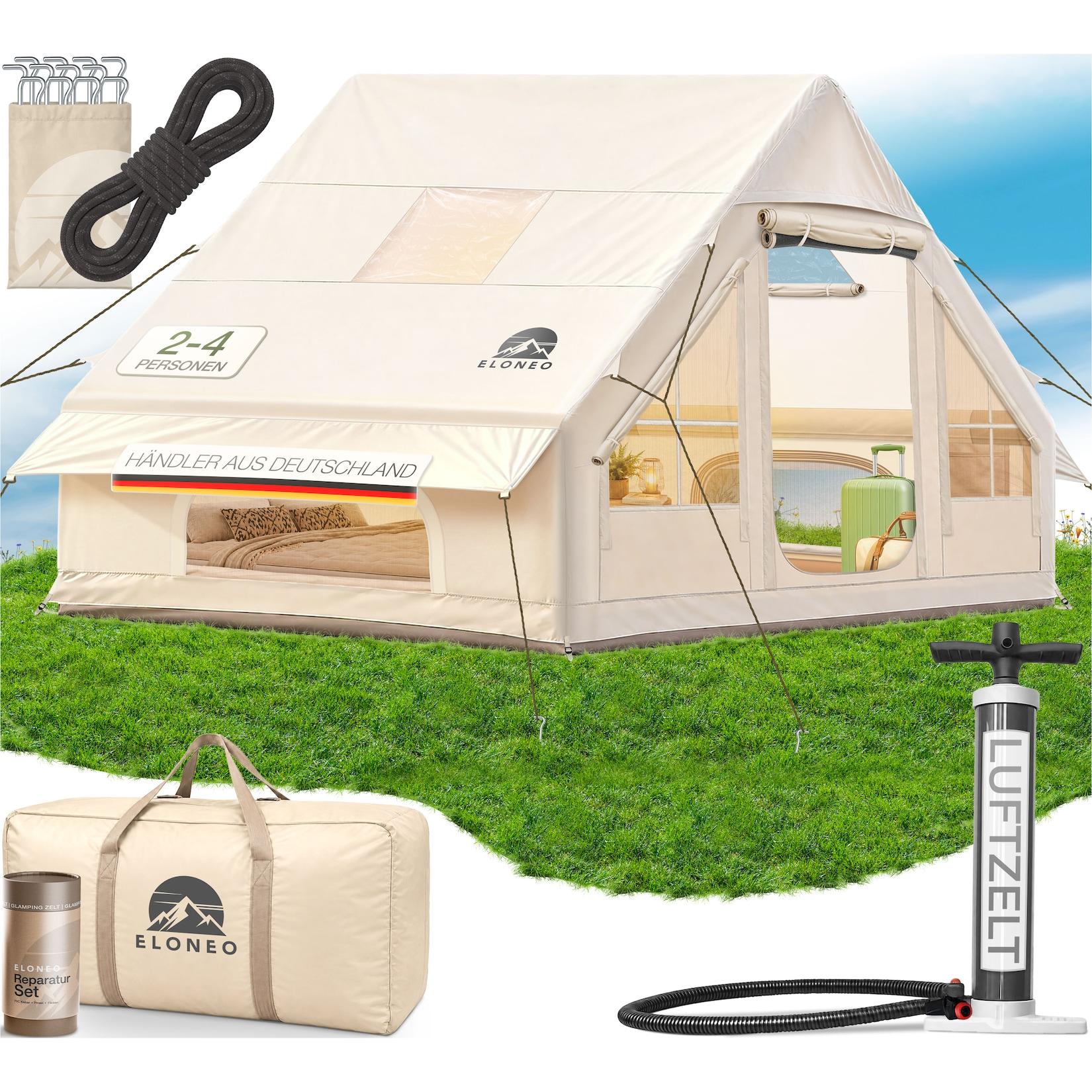 ELONEO aufblasbares Zelt für 2-4 Personen mit Dachfenster Luftpumpe Premium Glamping Zelt wasserdicht, Luftzelt, Inflatable Tent, Camping Zelt, beige