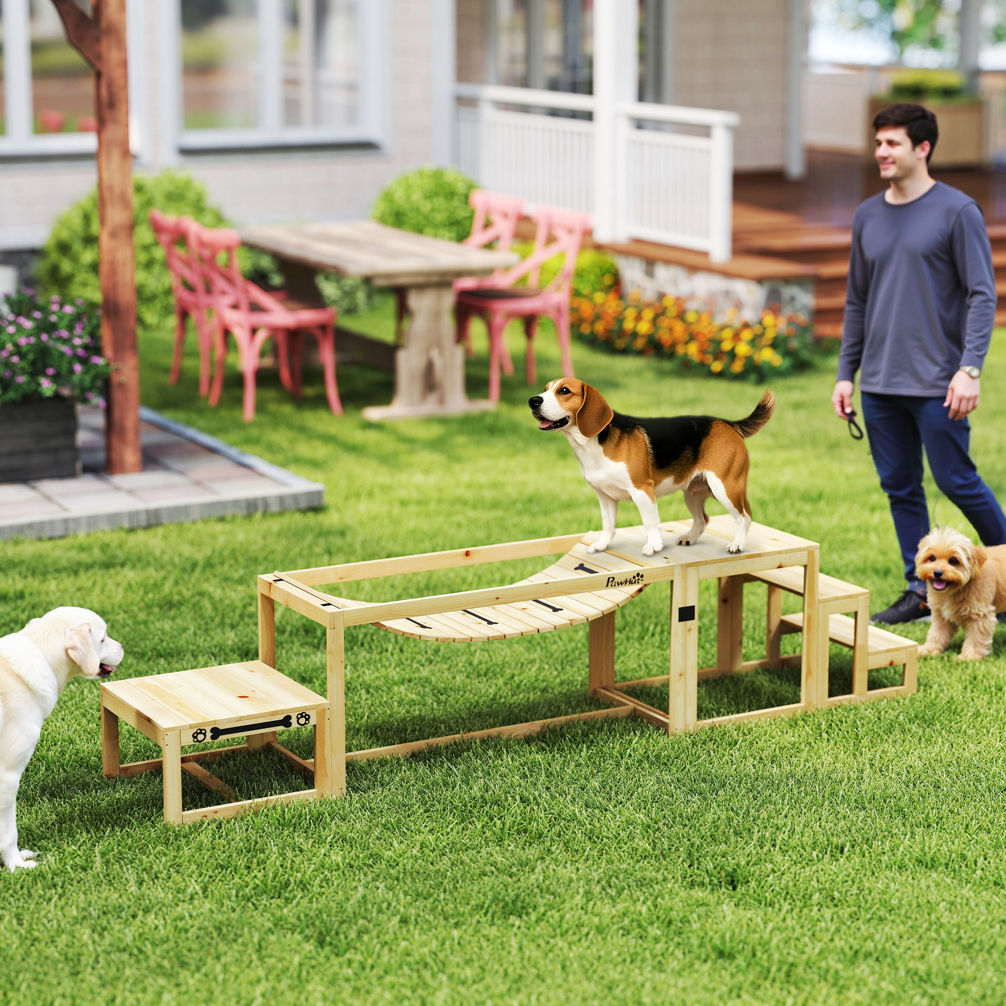 Pawhut Set Agility per Cani, Costruzione per l'Allenamento dei Cani con Ponte, Scala, Piattaforma, in Legno di Pino, per Cani di Taglia Grande fino a 40 kg