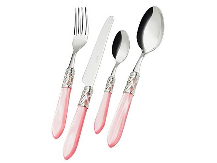 BUGATTI, Aladdin, 24-teiliges Besteckset aus Edelstahl 18/10, verchromtem Ring und ROSA Farbgriff mit Perlmutt-Effekt. Besteckset für 6 Personen: 6 Löffel, 6 Gabeln, 6 Messer und 6 Kaffeelöffel