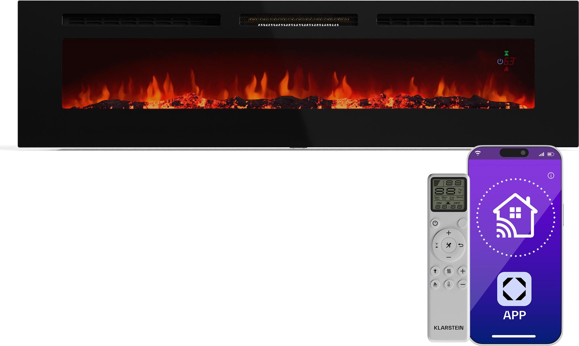 Klarstein Galeras Smart Elektrokamin - 1800 W Heizleistung, Realistische LED-Flammen, App & Fernbedienung, Einstellbare Farben & Helligkeit, Überhitzungsschutz, Wandkamin Elektrisch