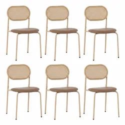 ESSZIMMERSTUHL Set 6er Braun PU & Rattan Polsterstuhl mit Metallbeinen