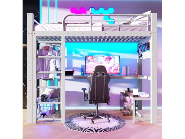 Ulife Hochbett mit LED-Lichtleiste, Ablagen, Schreibtisch und Wäschetrocknungsstange Jugendbett Kinderbett, Metallgestell, 140 × 200 cm