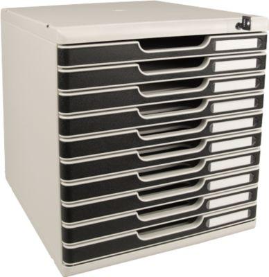 Schubladenbox MODULO, Format A4+, 10 abschließbare Schübe, geschlossen, Griffmulde & Etikettenhalter, 2 Schlüssel, Kunststoff, grau